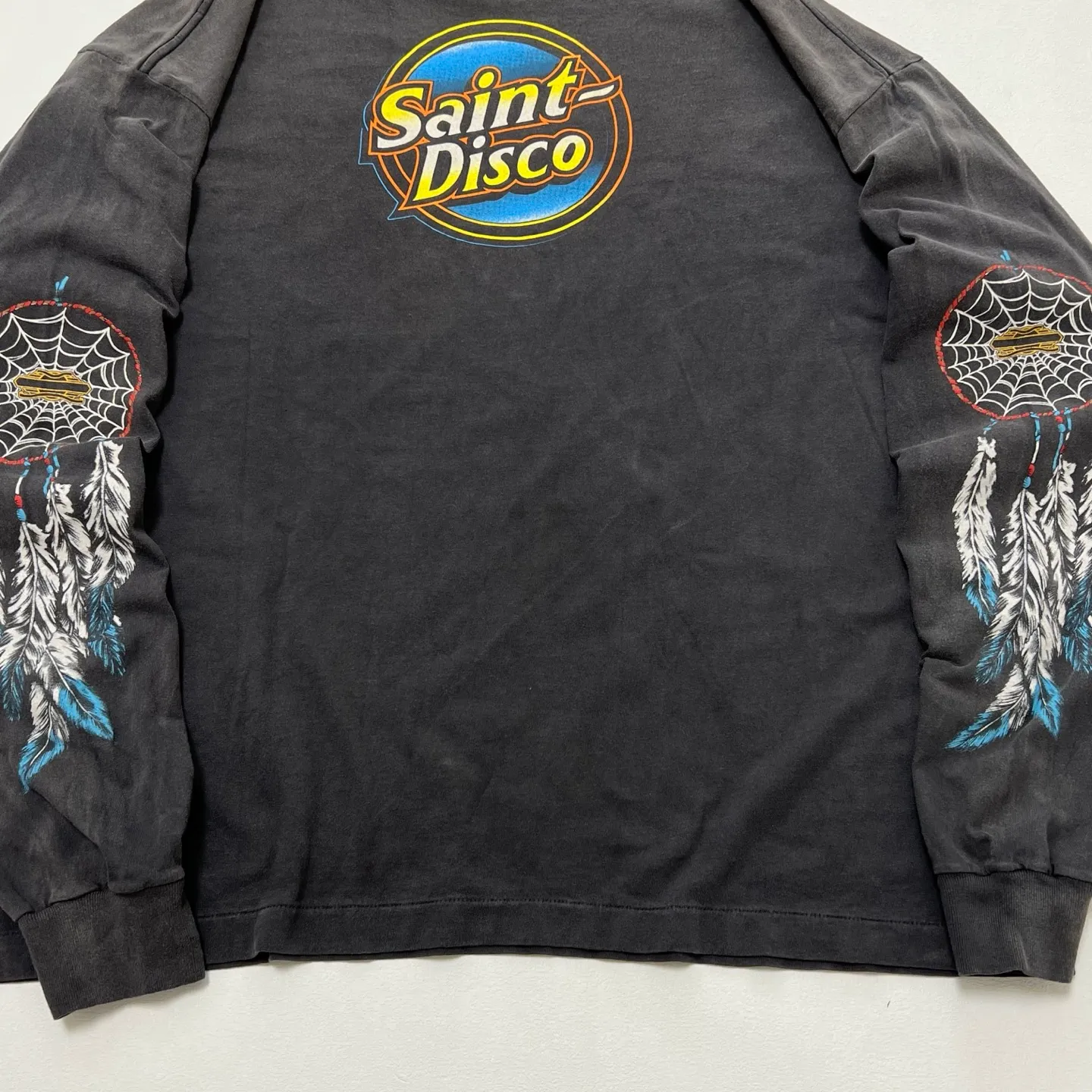 SAINT Mxxxxxx x TEFLON DISCO SAINT DISCO ML_LS TEE/BLK Eagle Feather Spider Web Distressed Long Sleeve S-XL Ready-to-wear Assute dyeing, water spray fading treatment, customized TEFLON DISCO co-branded accessories, hand-splashed ink, wormhole fraying treatment, genuine level printing process